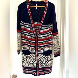 Free People Annabelle Knit Nordic Longline Cardigan Sweater Navy/Red/White Sz M